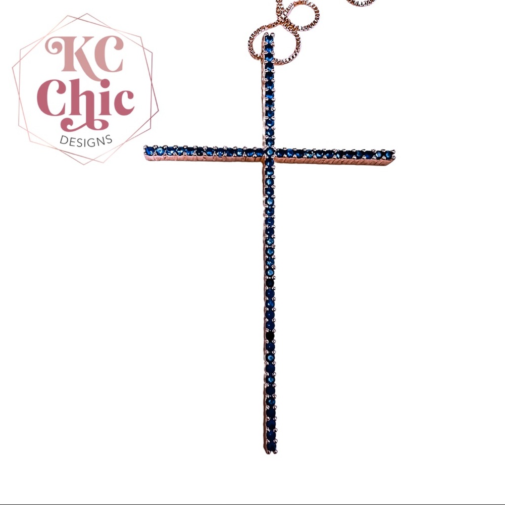 KC CHIC DESIGN GOLD NECKLACE WITH SAPPHIRE CROSS